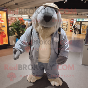 Gray Walrus mascot costume character dressed with a Windbreaker and Suspenders