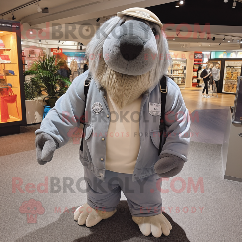 Gray Walrus mascot costume character dressed with a Windbreaker and Suspenders Gray Walrus mascot costume character dressed with a Windbreaker and Suspenders