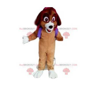 Mascotte del cane con uno zaino viola. Costume da cane -
