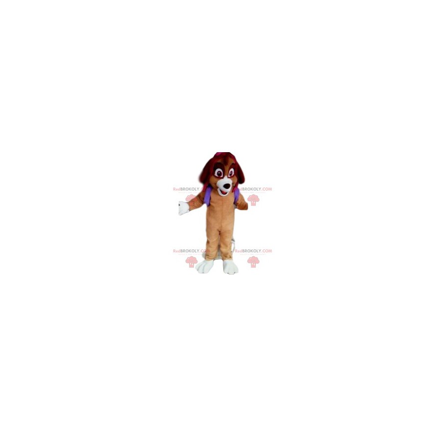 Pies maskotka z fioletowym plecakiem. Kostium psa -