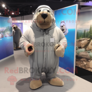 Gray Walrus mascot costume character dressed with a Windbreaker and Suspenders
