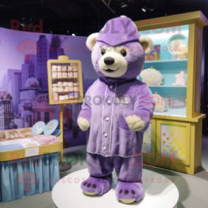 Lavender Bear mascot costume character dressed with a Romper and Beanies