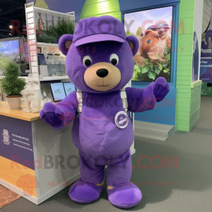 Lavender Bear mascot costume character dressed with a Romper and Beanies