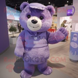 Lavender Bear mascot costume character dressed with a Romper and Beanies