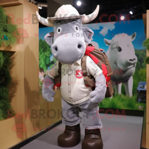 Gray Beef Stroganoff mascot costume character dressed with a Overalls and Backpacks