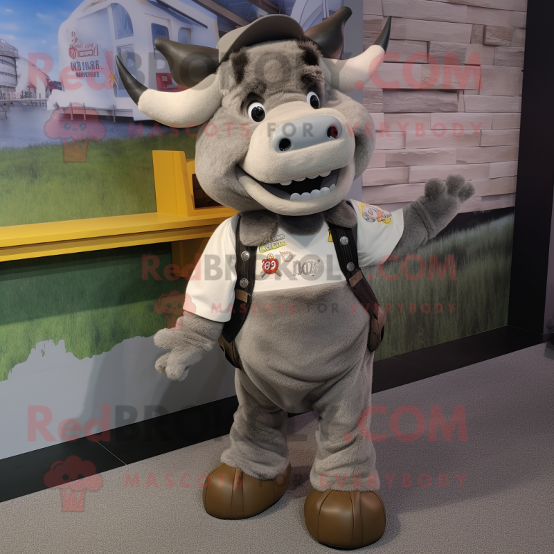Gray Beef Stroganoff mascot costume character dressed with a Overalls and Backpacks Gray Beef Stroganoff mascot costume character dressed with a Overalls and Backpacks