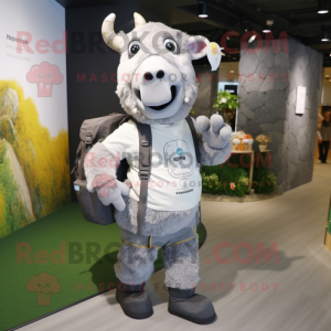 Gray Beef Stroganoff mascot costume character dressed with a Overalls and Backpacks