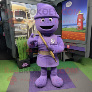 Lavender Soldier mascot costume character dressed with a Sweater and Foot pads