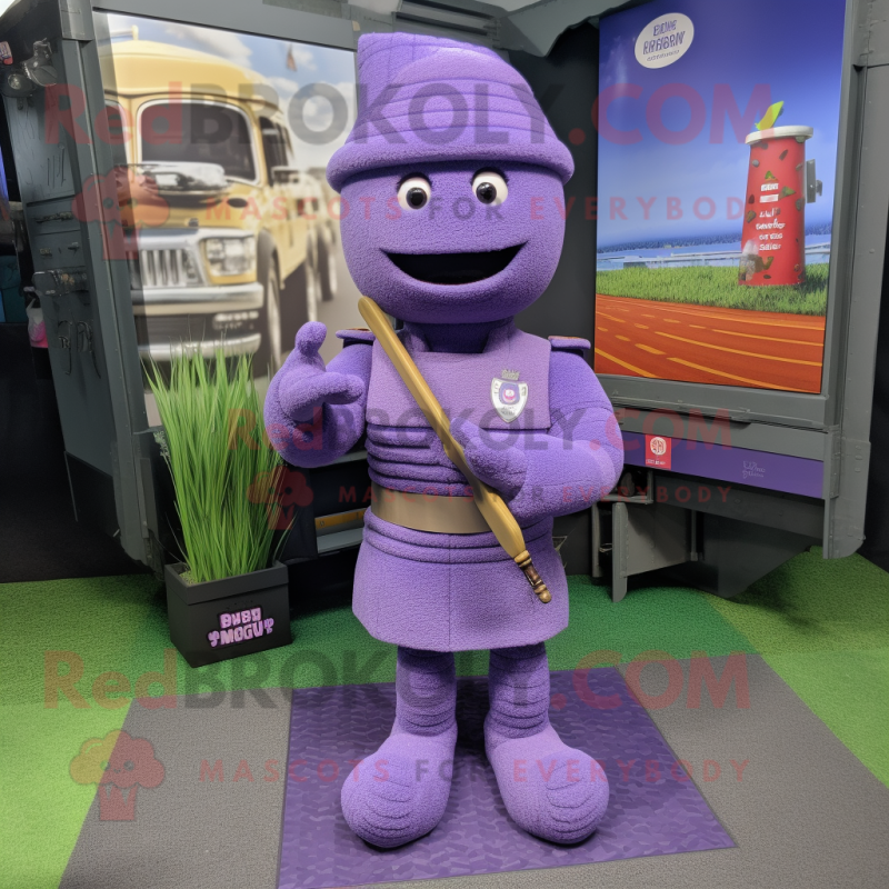 Lavender Soldier mascot costume character dressed with a Sweater and Foot pads Lavender Soldier mascot costume character dressed with a Sweater and Foot pads