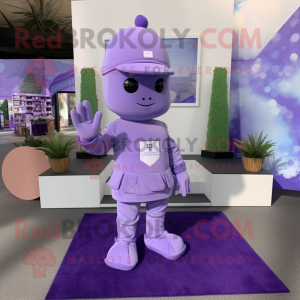 Lavender Soldier mascot costume character dressed with a Sweater and Foot pads