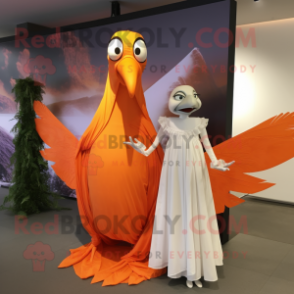 Orange Archeopteryx mascot costume character dressed with a Wedding Dress and Wraps