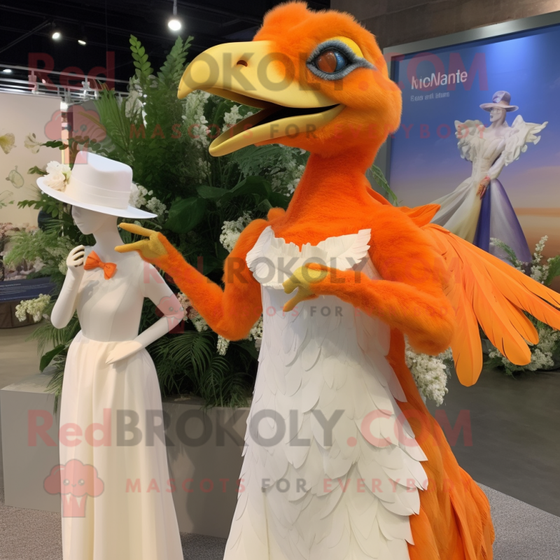 Orange Archeopteryx mascot costume character dressed with a Wedding Dress and Wraps