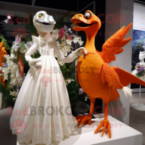 Orange Archeopteryx mascot costume character dressed with a Wedding Dress and Wraps