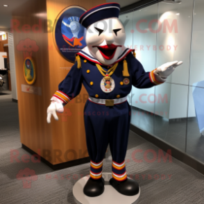 Navy Clown mascot costume character dressed with a Cargo Shorts and Shawl pins