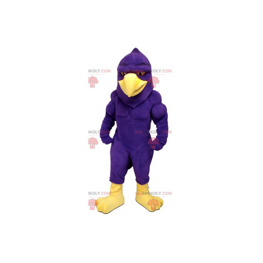 Very muscular purple and yellow bird eagle mascot -