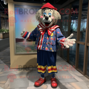 Navy Clown mascot costume character dressed with a Cargo Shorts and Shawl pins
