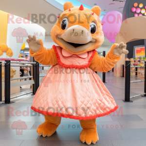 Peach Ankylosaurus mascot costume character dressed with a A-Line Skirt and Mittens