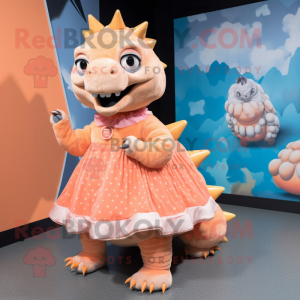 Peach Ankylosaurus mascot costume character dressed with a A-Line Skirt and Mittens