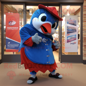 Red Blue Jay mascot costume character dressed with a Rash Guard and Scarf clips