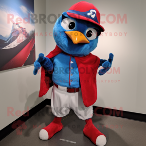 Red Blue Jay mascot costume character dressed with a Rash Guard and Scarf clips