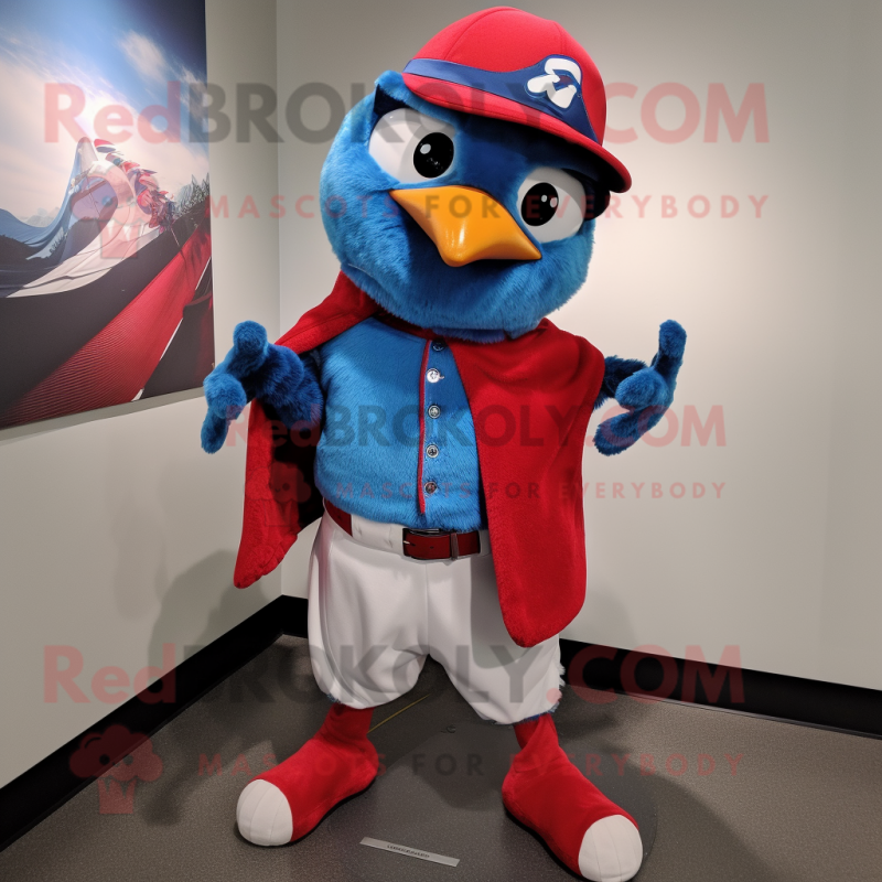 Red Blue Jay mascot costume character dressed with a Rash Guard and Scarf clips Red Blue Jay mascot costume character dressed with a Rash Guard and Scarf clips