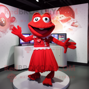 Red Frog mascot costume character dressed with a Pleated Skirt and Ties