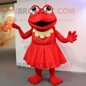 Red Frog mascot costume character dressed with a Pleated Skirt and Ties