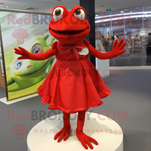 Red Frog mascot costume character dressed with a Pleated Skirt and Ties