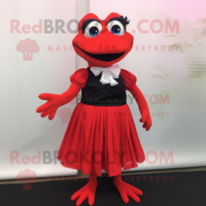 Red Frog mascot costume character dressed with a Pleated Skirt and Ties