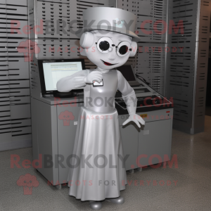 Silver Computer mascot costume character dressed with a A-Line Skirt and Berets