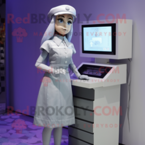 Silver Computer mascot costume character dressed with a A-Line Skirt and Berets