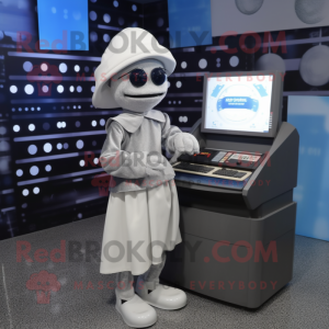 Silver Computer mascot costume character dressed with a A-Line Skirt and Berets