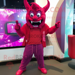 Magenta Devil mascot costume character dressed with a Vest and Scarf clips