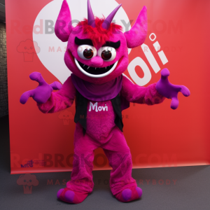 Magenta Devil mascot costume character dressed with a Vest and Scarf clips