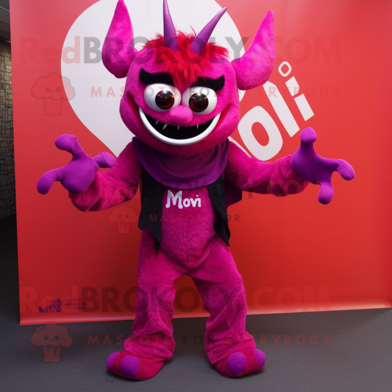 Magenta Devil mascot costume character dressed with a Vest and Scarf clips Magenta Devil mascot costume character dressed with a Vest and Scarf clips