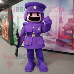 Purple Army Soldier mascot costume character dressed with a A-Line Dress and Shoe clips