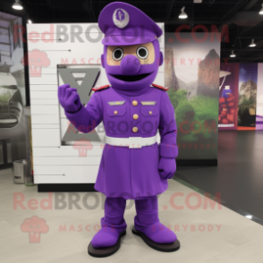 Purple Army Soldier mascot costume character dressed with a A-Line Dress and Shoe clips