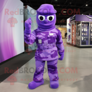 Purple Army Soldier mascot costume character dressed with a A-Line Dress and Shoe clips