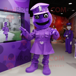 Purple Army Soldier mascot costume character dressed with a A-Line Dress and Shoe clips