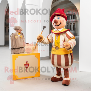 Beige Swiss Guard mascot costume character dressed with a Dress and Coin purses