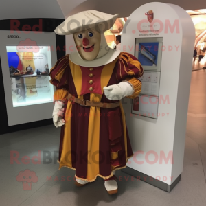 Beige Swiss Guard mascot costume character dressed with a Dress and Coin purses