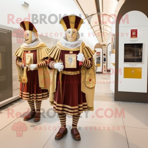 Beige Swiss Guard mascot costume character dressed with a Dress and Coin purses