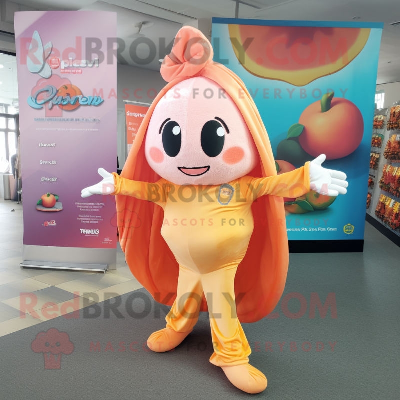 Peach Momentum mascot costume character dressed with a Suit Pants and Shawls