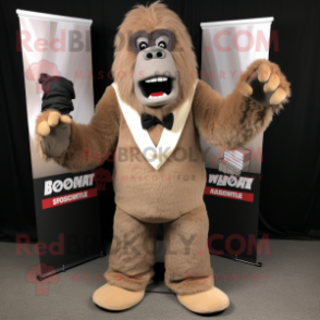 Tan Sasquatch mascot costume character dressed with a Tuxedo and Scarves