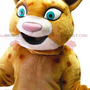 Mascote leopardo com um grande sorriso, fantasia de leopardo -