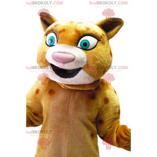 Maskot leoparda se širokým úsměvem, kostým leoparda -