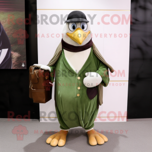 Olive Penguin mascot costume character dressed with a Empire Waist Dress and Wallets