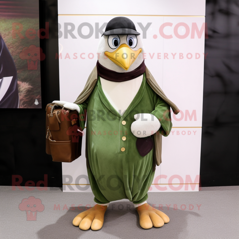 Olive Penguin mascot costume character dressed with a Empire Waist Dress and Wallets Olive Penguin mascot costume character dressed with a Empire Waist Dress and Wallets