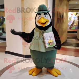 Olive Penguin mascot costume character dressed with a Empire Waist Dress and Wallets