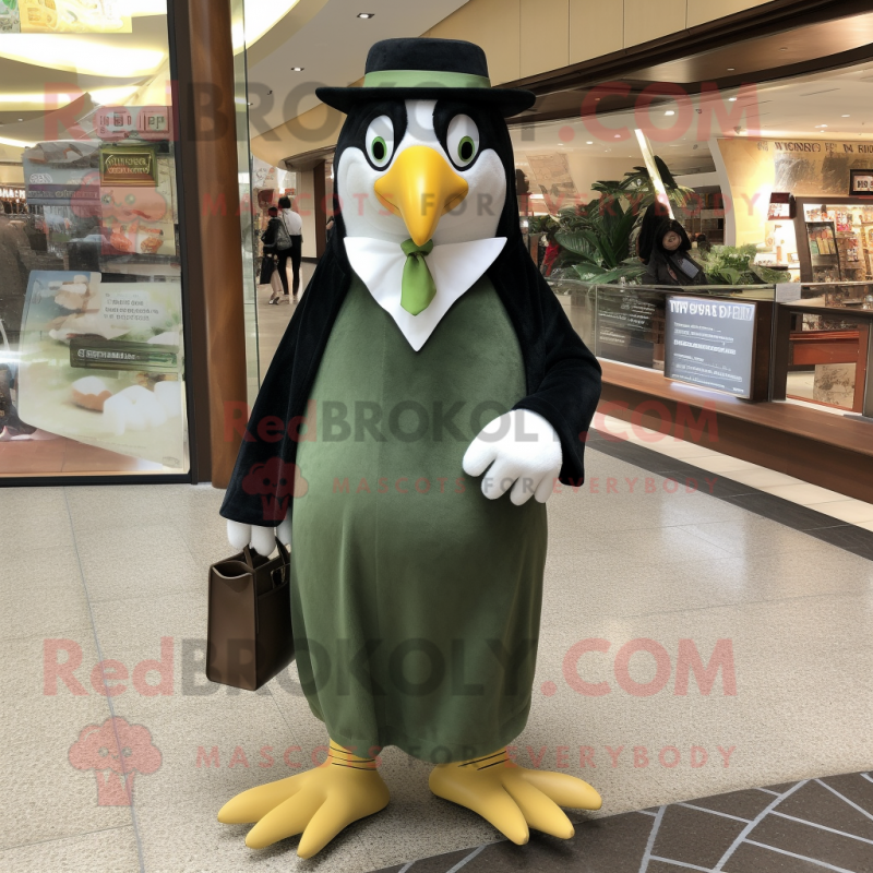 Olive Penguin mascot costume character dressed with a Empire Waist Dress and Wallets